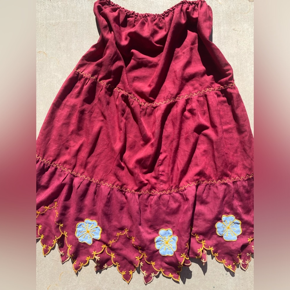 Red Low-Rise Maxi Skirt with Floral Embroidery